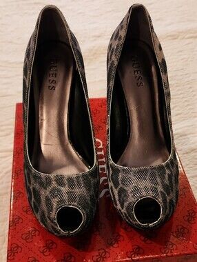 GUESS Black and Gray Snake-Print Peep-Toe Heels